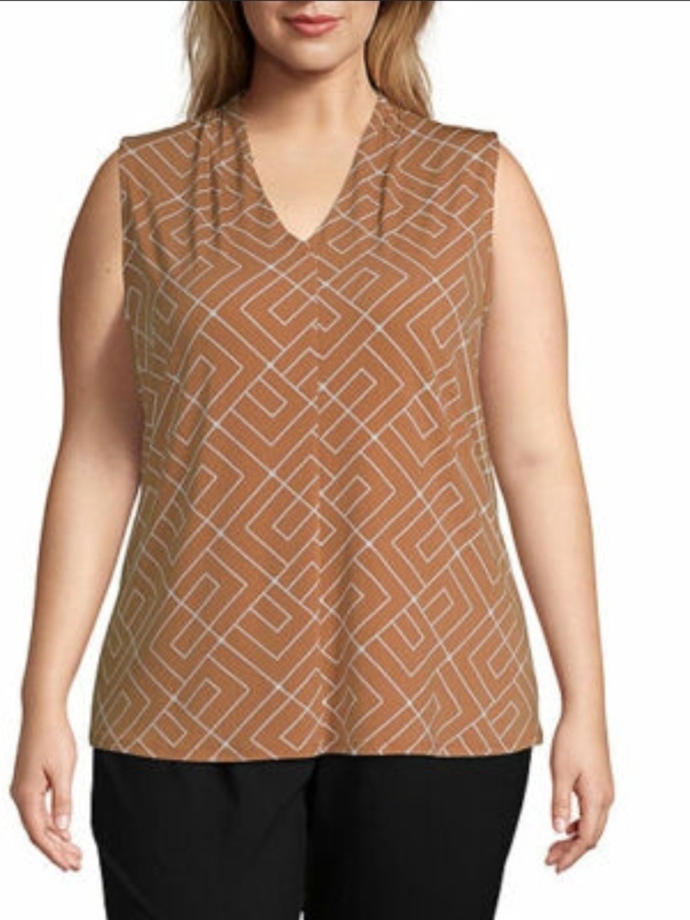 Worthington Camel Geometric V-Neck Sleeveless Top